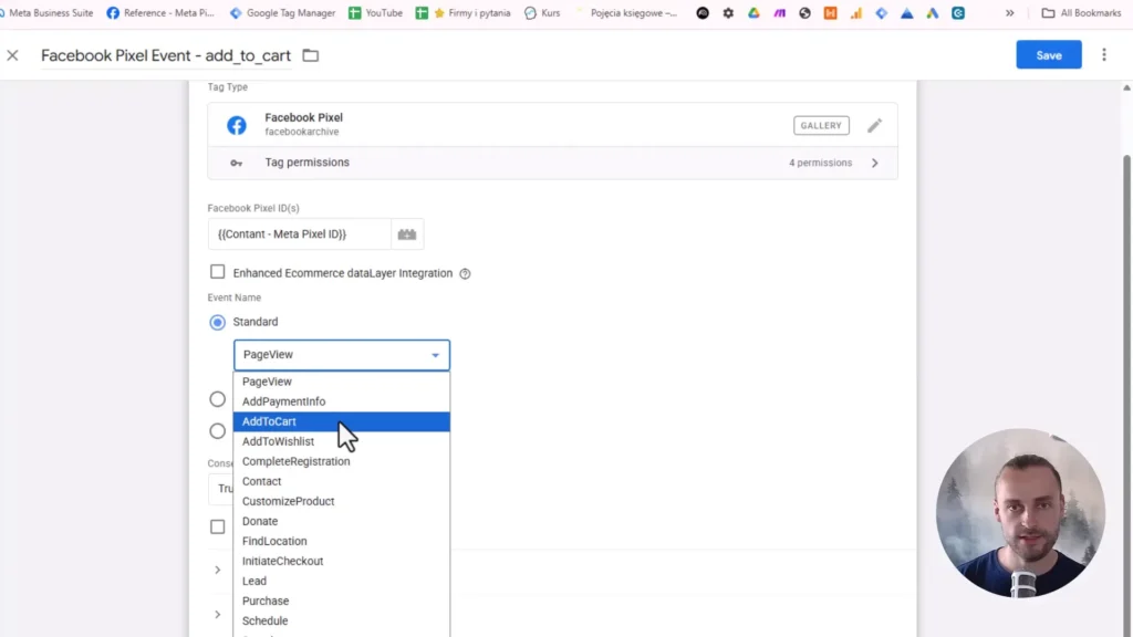 Zrzut ekranu przedstawiający możliwość wyboru zdarzenia Facebook Pixel w Google Tag Manager
