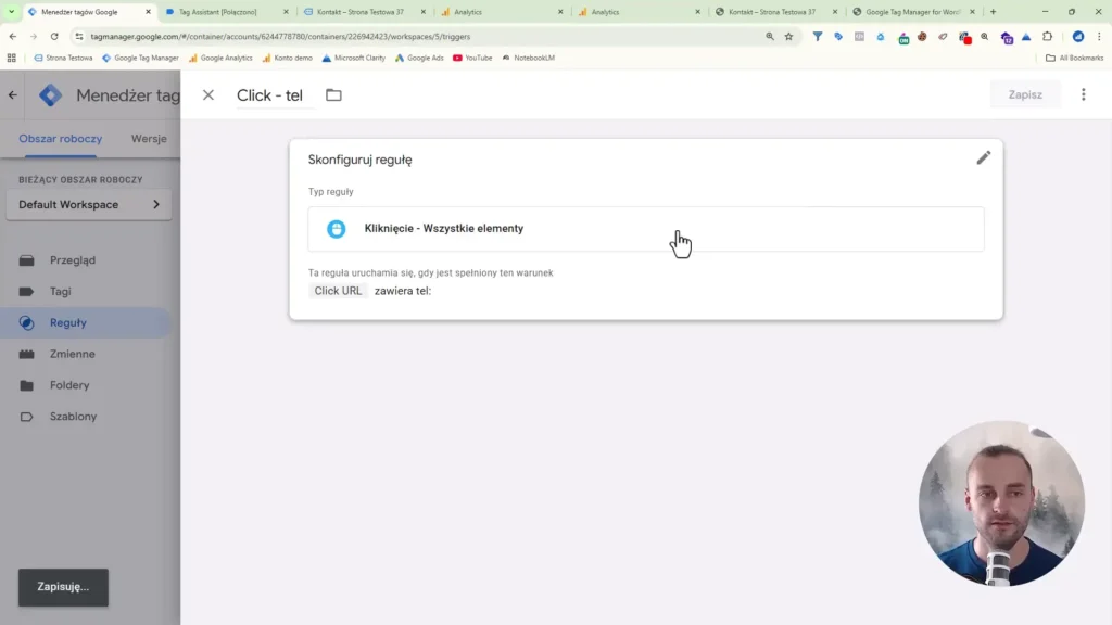 Zrzut ekranu przedstawiający konfigurację reguły kliknięcia w numer telefonu w Google Tag Manager