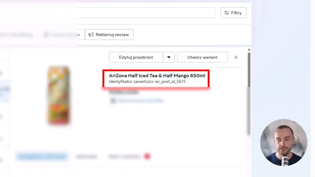 Zrzut ekranu przedstawiający nietypowy identyfikator produktu w katalogu Meta