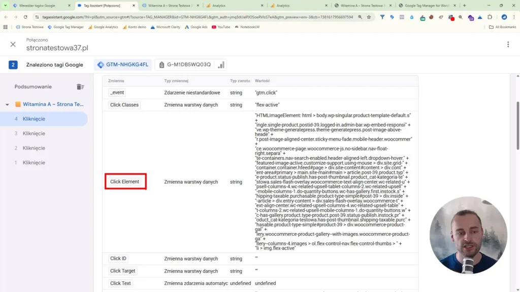 Zrzut ekranu przedstawiający zmienna "Click Element" w trybie poglądu Google Tag Manager
