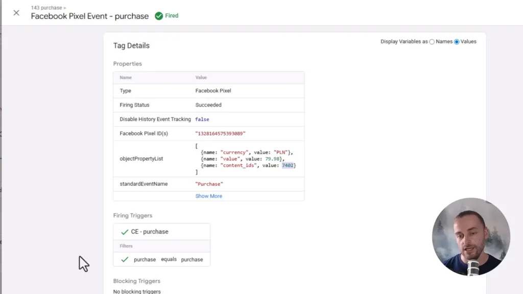 Zrzut ekranu przedstawiający szczegóły zdarzenia purchase dla Facebook Pixel w Google Tag Manager
