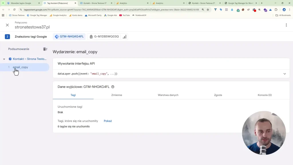 Zrzut ekranu przedstawiający ustawienia zdarzenia email_copy w Google Tag Manager
