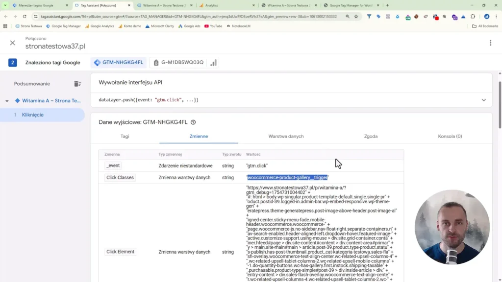 Zrzut ekranu przedstawiający zmienne w Google Tag Manager do śledzenia kliknięcia w galerię