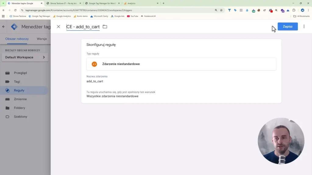 Zrzut ekranu przedstawiający konfigurację reguły add_to_cart w Google Tag Manager