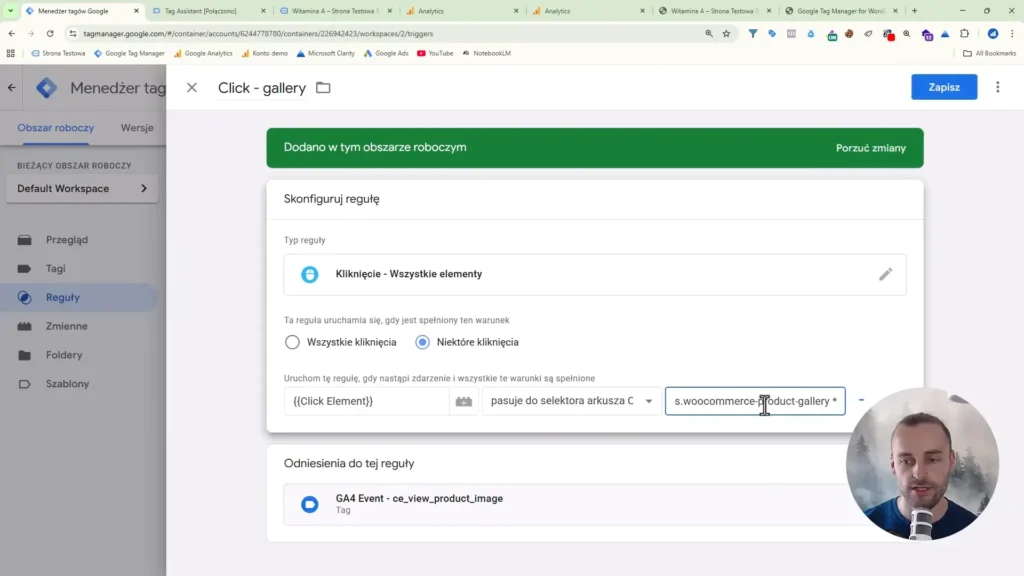 Zrzut ekranu przedstawiający konfigurację reguły kliknięć w galerię w Google Tag Manager