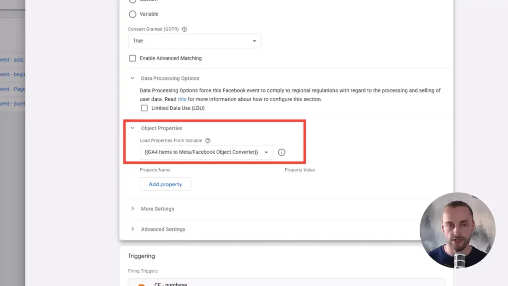 Zrzut ekranu przedstawiający ustawienia parametrów zdarzeń dla Meta w Google Tag Manager