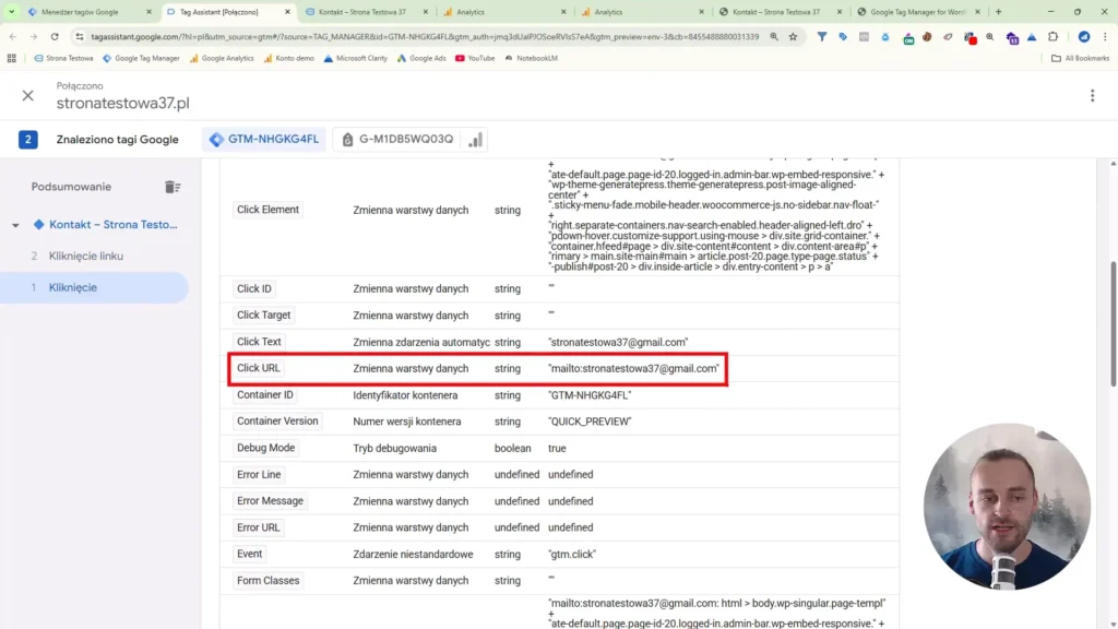 Zrzut ekranu przedstawiający konfigurację zmiennej Click URL dla kliknięć w adres email w Google Tag Manager
