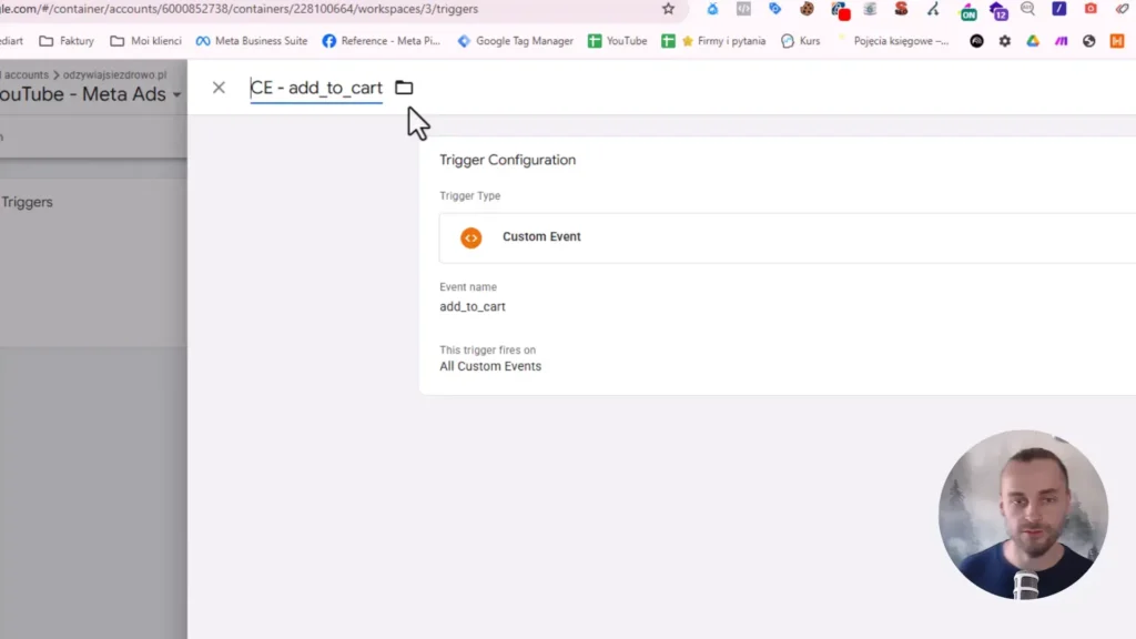 Zrzut ekranu przedstawiający konfigurację wyzwalacza wydarzenia add_to_cart w Google Tag Manager
