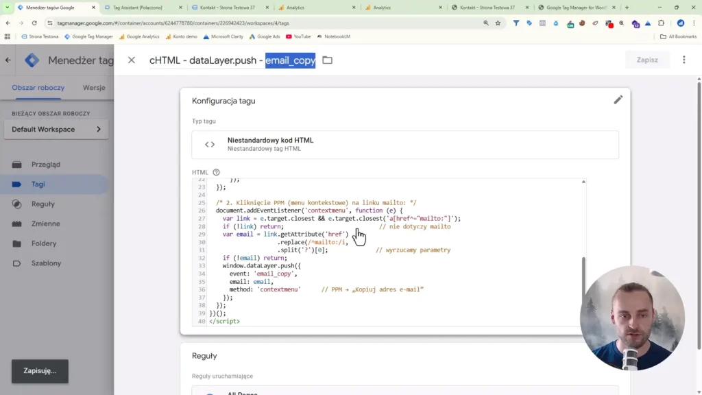Zrzut ekranu przedstawiający konfigurację tagu niestandardowego HTML dotyczącego kopiowania adresu email