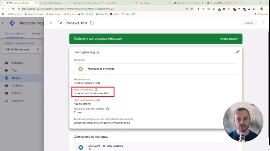 Zrzut ekranu przedstawiający konfigurację reguły widoczności sekcji opinii w Google Tag Manager