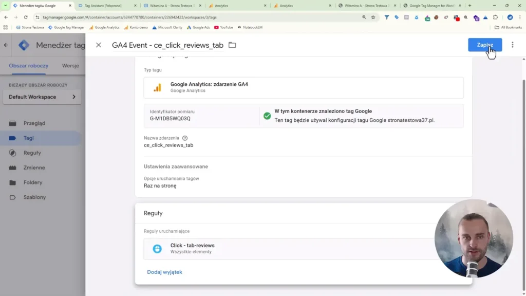 Zrzut ekranu przedstawiający konfigurację zdarzenia azobaczenia opinii dla Google Analytics w Google Tag Manager