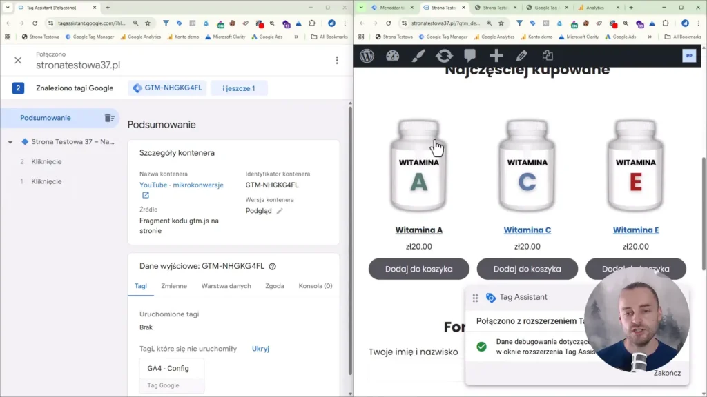 Zrzut ekranu przedstawiają tryb poglądu z kliknięciami w Google Tag Manager