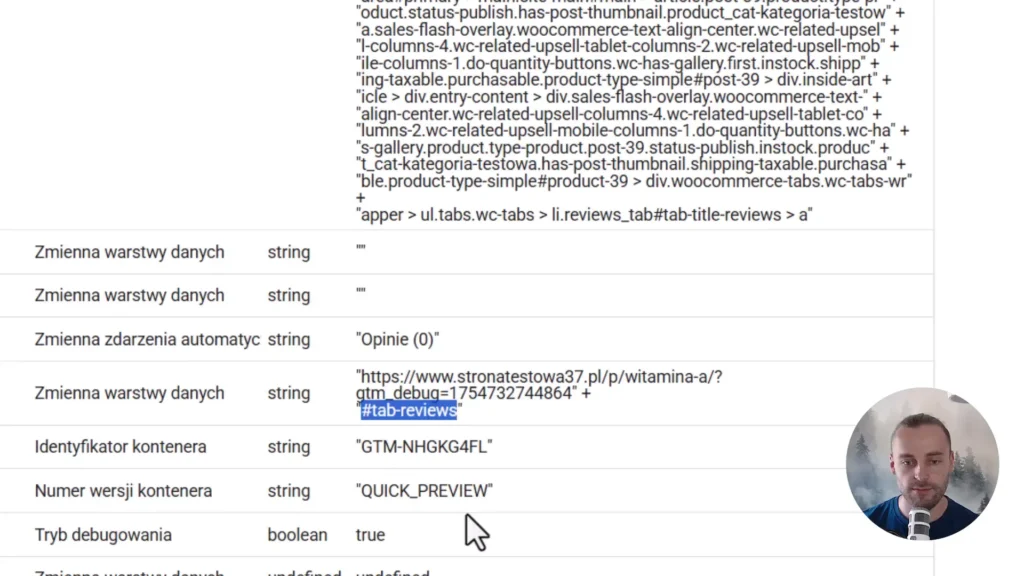 Zrzut ekranu przedstawiający fragment zmiennej do reguły opinii w Google Tag Manager