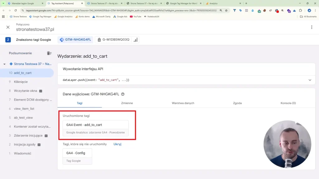 Zrzut ekranu przedstawiający uruchomienie tagu dodania do koszyka w Google Tag Manager