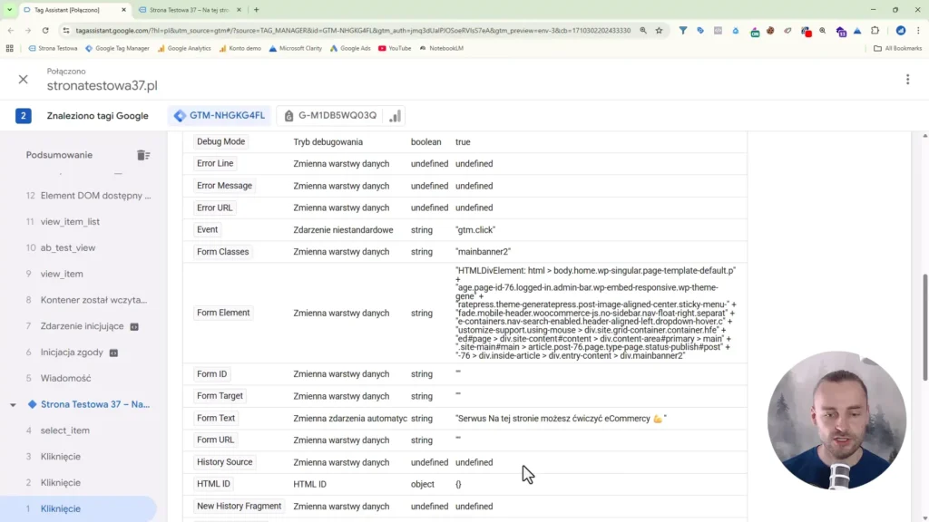 Zrzut ekranu przedstawiający analizę tagów w Google Tag Manager