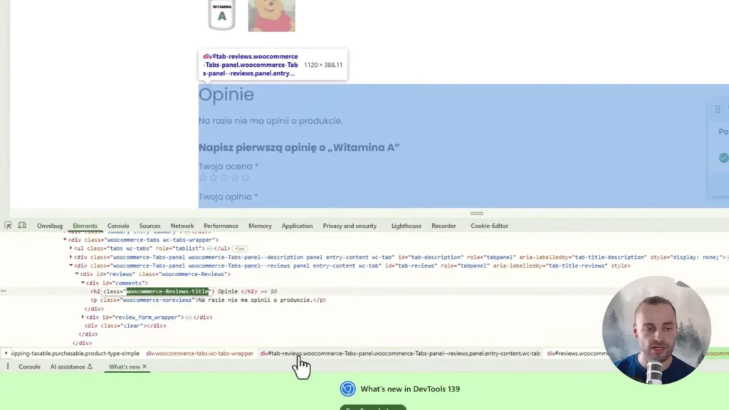 Zrzut ekranu przedstawiający inspektor kodu dla sekcji opinii