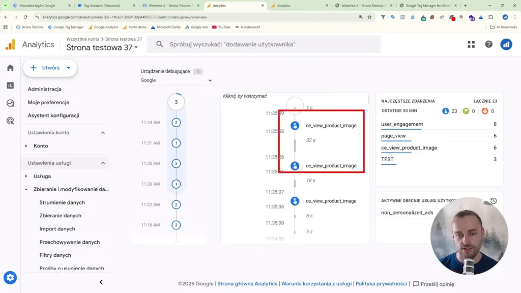 Zrzut ekranu przedstawiający debugowanie wysłanych zdarzeń w Google Analytics 4