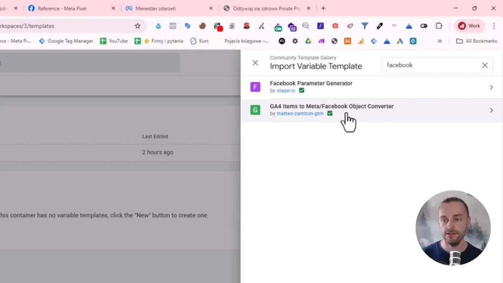 Zrzut ekranu przedstawiający szablony zmiennych dla Meta w Google Tag Manager
