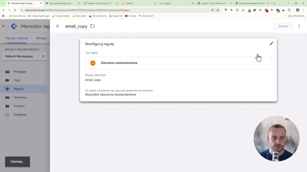 Zrzut ekranu przedstawiający konfigurację reguły zdarzenia kopiowania adresu email w Google Tag Manager