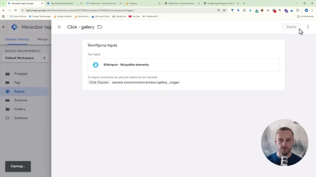 Zrzut ekranu przedstawiający konfigurację reguły kliknięcia w galerię w Google Tag Manager