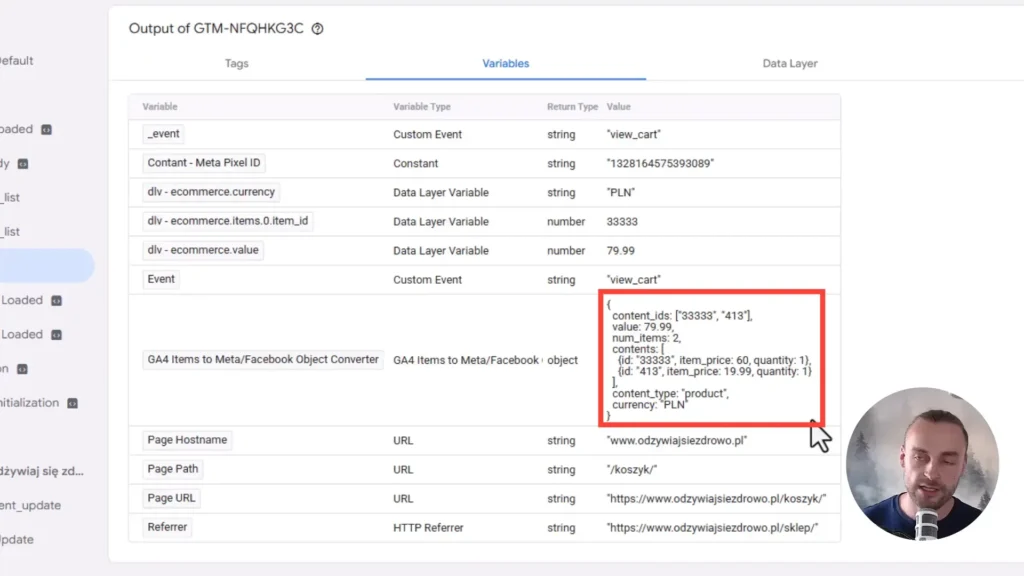 Zrzut ekranu przedstawiający wartość zmiennej dla Meta z biblioteki szablonów w Google Tag Manager