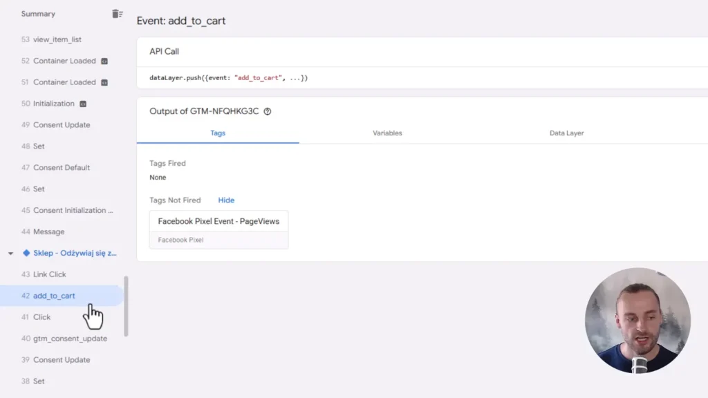 Zrzut ekranu przedstawiający konfigurację zdarzenia "add_to_cart" w Google Tag Manager