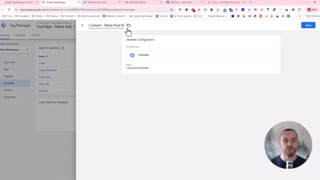 Zrzut ekranu przedstawiający konfigurację zmiennej identyfikatora Meta Pixel w Google Tag Manager