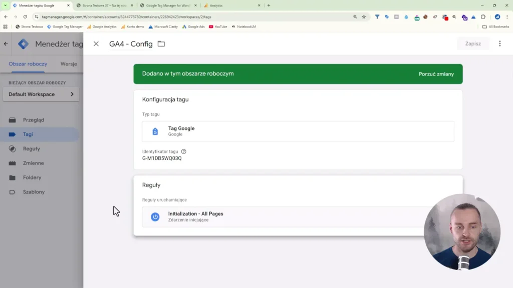 Zrzut ekranu przedstawiający konfigurację tagu Google Analytics w Google Tag Manager