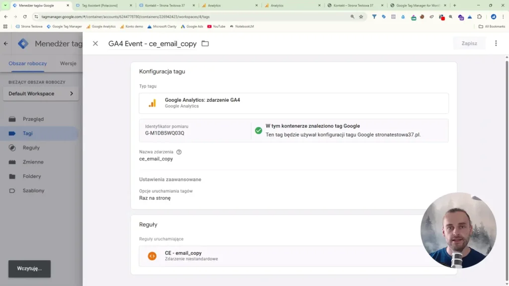 Zrzut ekranu przedstawiający konfigurację zdarzenia kopiowania adresu email dla Google Analytics w Google Tag Manager
