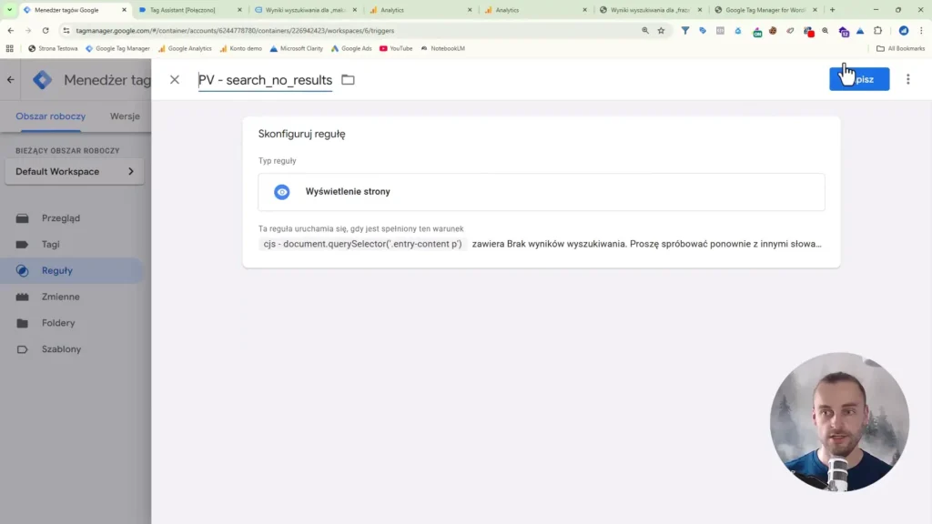 Zrzut ekranu przedstawiający konfigurację reguły braku wyszukiwania w Google Tag Manager