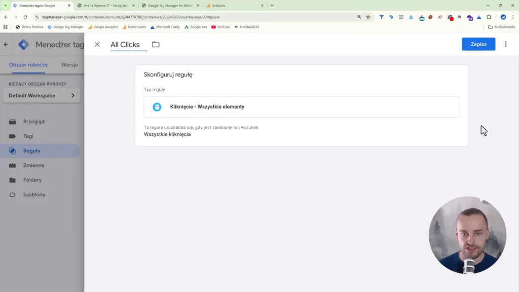 Zrzut ekranu przedstawiający konfigurację reguły wszystkich kliknięć w Google Tag Manager