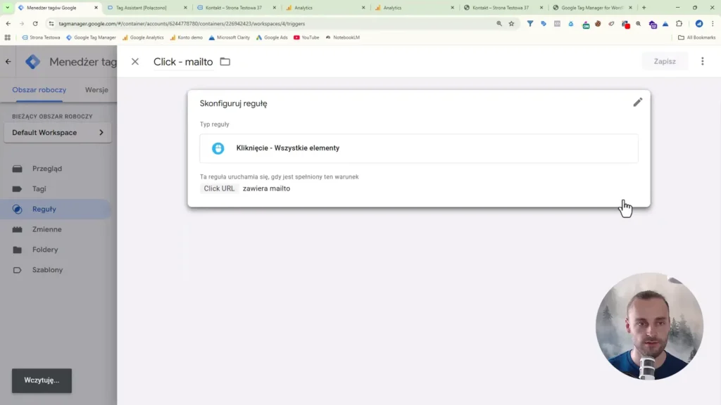 Zrzut ekranu przedstawiający konfigurację reguły kliknięć w adres email w Google Tag Manager