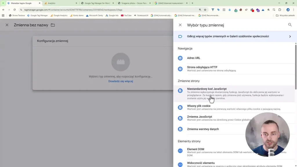 Zrzut ekranu przedstawiający wybór typu zmiennej w Google Tag Manager