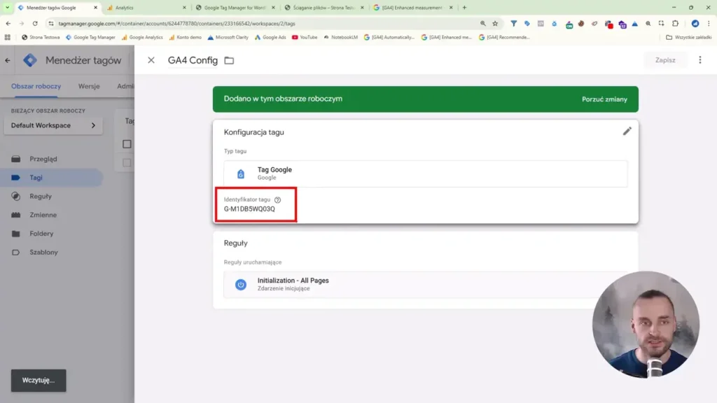 Zrzut ekranu przedstawiający konfigurację tagu Google Analytics w Google Tag Manager