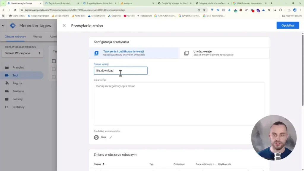 Zrzut ekranu przedstawiający tworzenie wersji kontenera w Google Tag Manager