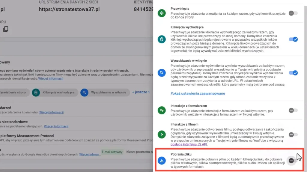 Zrzut ekranu przedstawiający ustawienia pobierania plików w Google Analytics 4