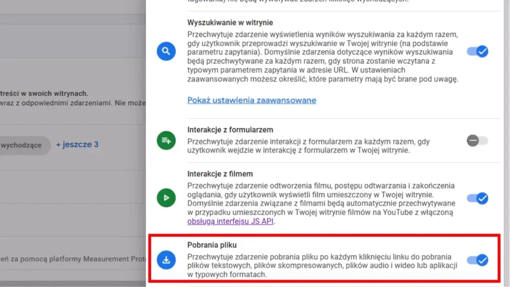 Zrzut ekranu przedstawiający ustawienia zdarzeń pobrań plików w witrynie