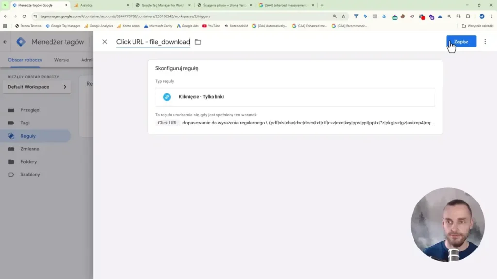 Zrzut ekranu przedstawiający konfigurację reguły pobierania plików w GTM