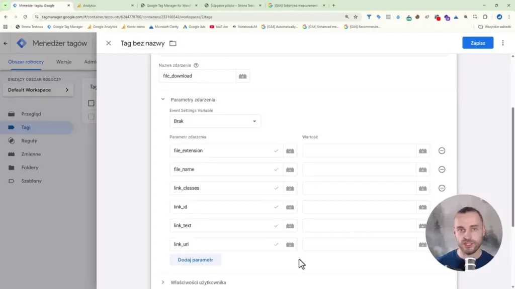 Zrzut ekranu przedstawiający konfigurację parametrów zdarzenia pobrania pliku w Google Tag Manager