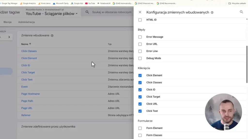 Zrzut ekranu przedstawiający konfigurację zmiennych dotyczących kliknięć w Google Tag Manager