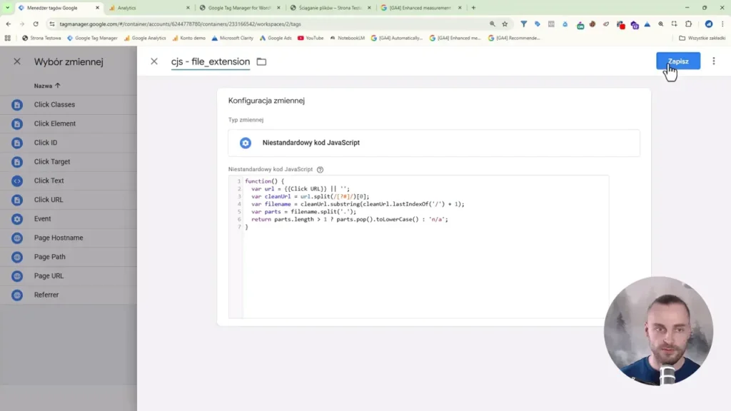 Zrzut ekranu przedstawiający konfigurację zmiennej file_extension w Google Tag Manager