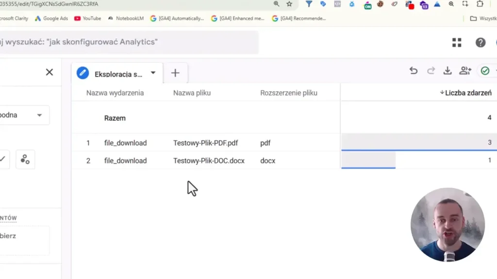 Zrzut ekranu przedstawiający raport pobrań plików w Google Analytics 4 ze skrócanymi nazwami plików