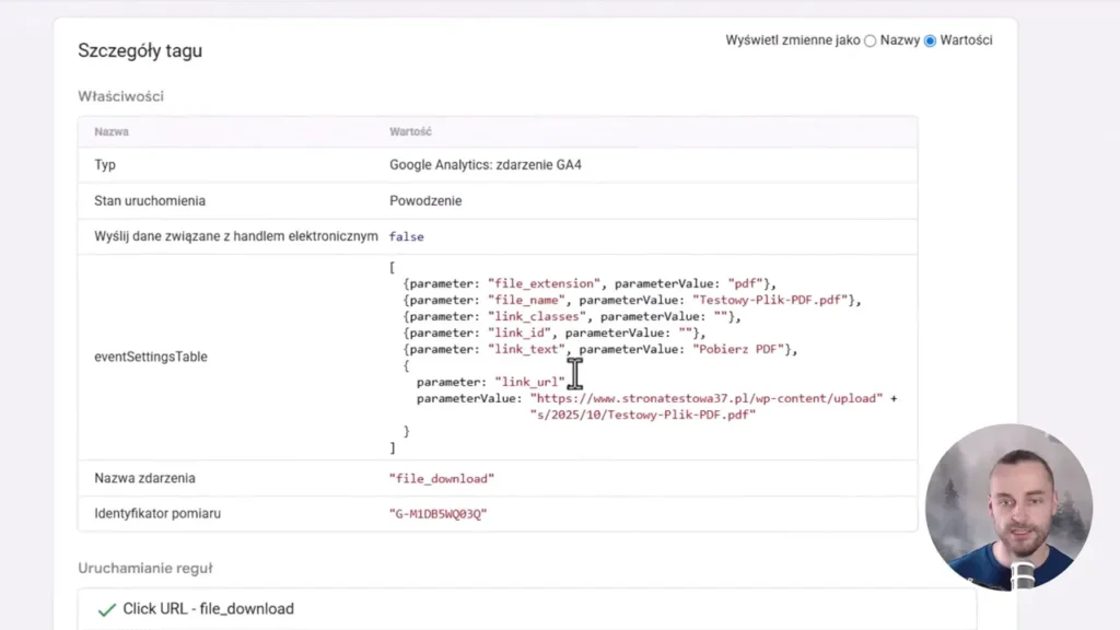 Zrzut ekranu przedstawiający szczegóły tagu zdarzenia pobrania pliku w Google Tag Manager