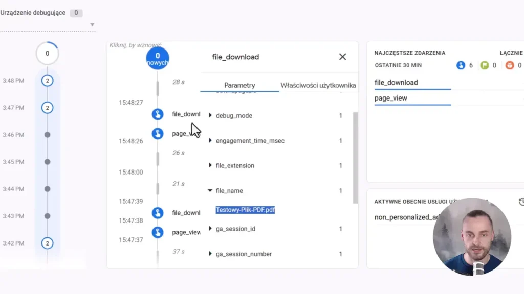 Zrzut ekranu przedstawiający śledzenie pobrań plików w Google Analytics 4