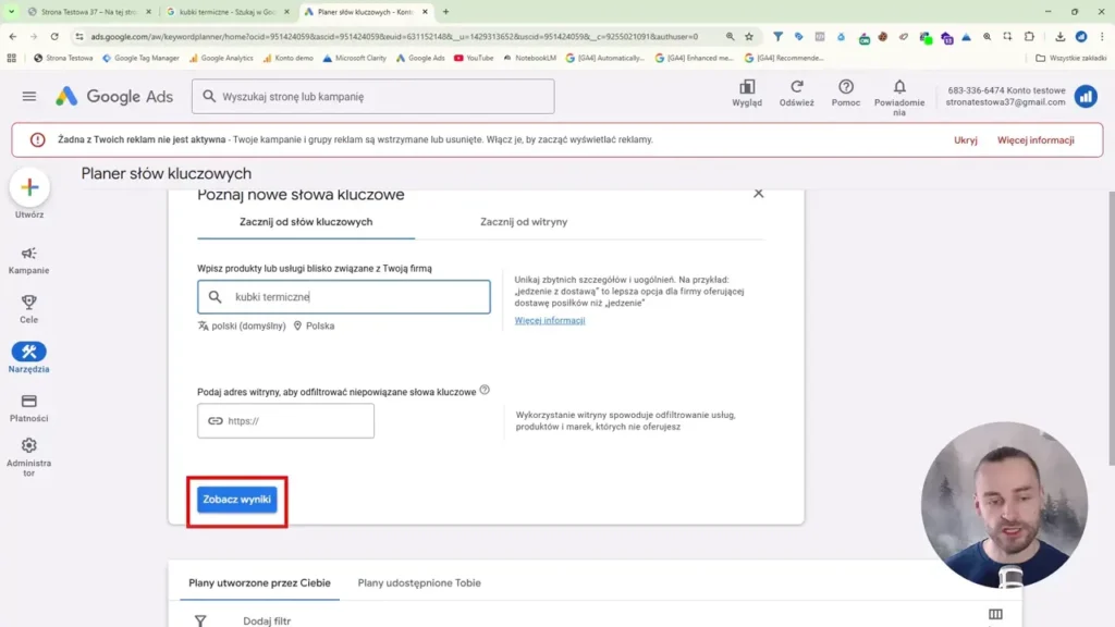 Zrzut ekranu przedstawiający planer słów kluczowych w Google Ads