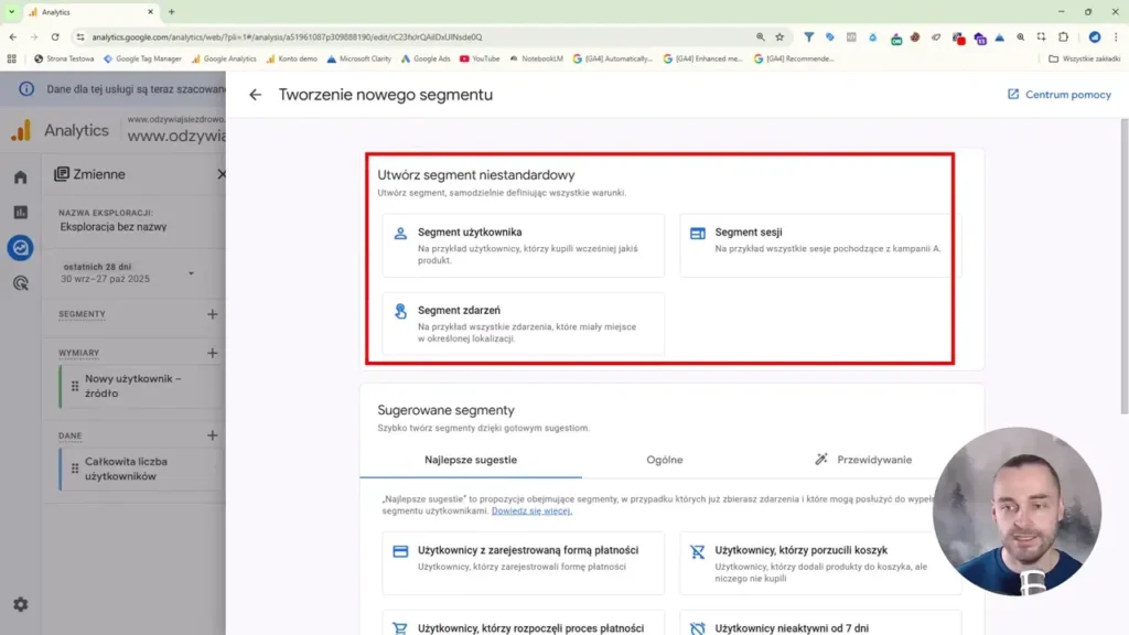 Zrzut ekranu przedstawiający tworzenie niestandardowego segmentu w Google Analytics