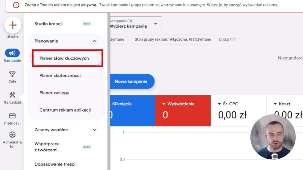 Zrzut ekranu przedstawiający opcję planera słów kluczowych w Google Ads