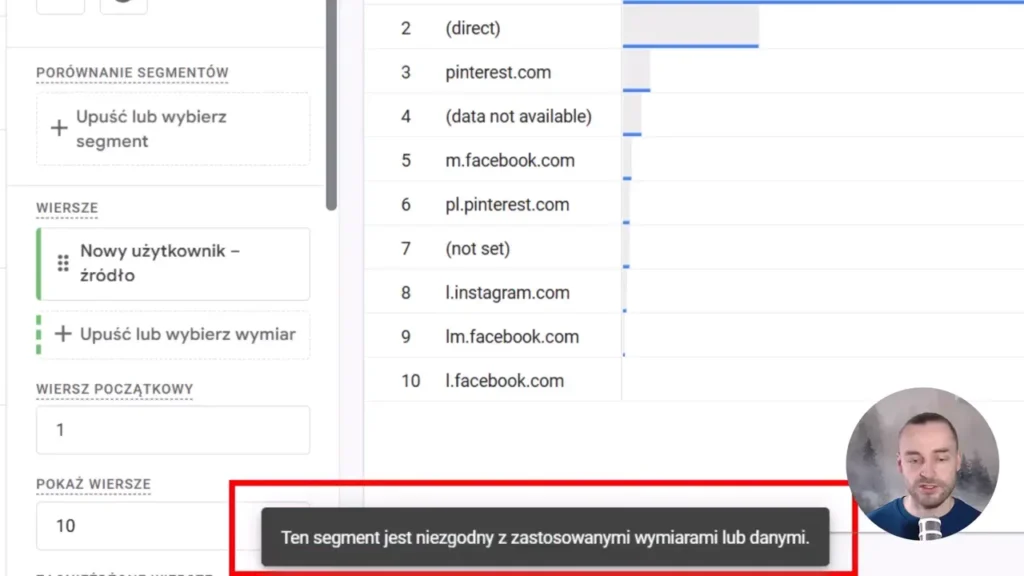 Zrzut ekranu przedstawiający niezgodność segmentu z demografią z wymiarami w raporcie w Google Analytics