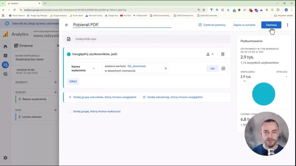 Zrzut ekranu przedstawiający tworzenie segmentu użytkowników pobierających PDF w Google Analytics