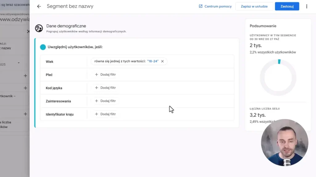 Zrzut ekranu przedstawiający segmentację demograficzną w Google Analytics